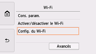 Écran Wi-Fi : sélectionnez Config. du Wi-Fi